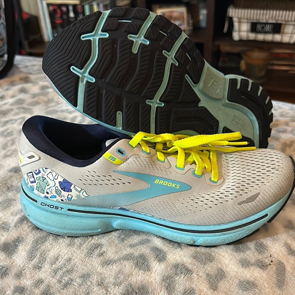 Brooks Ghost Sneakers - Gray and Light Blue with Yellow Accents